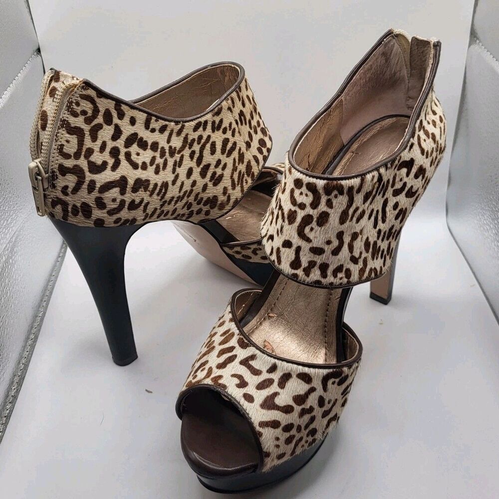BCBGeneration Women's Leopard Cow-Hair Platform Peep Toe D'Orsay Heels Sz 7.5